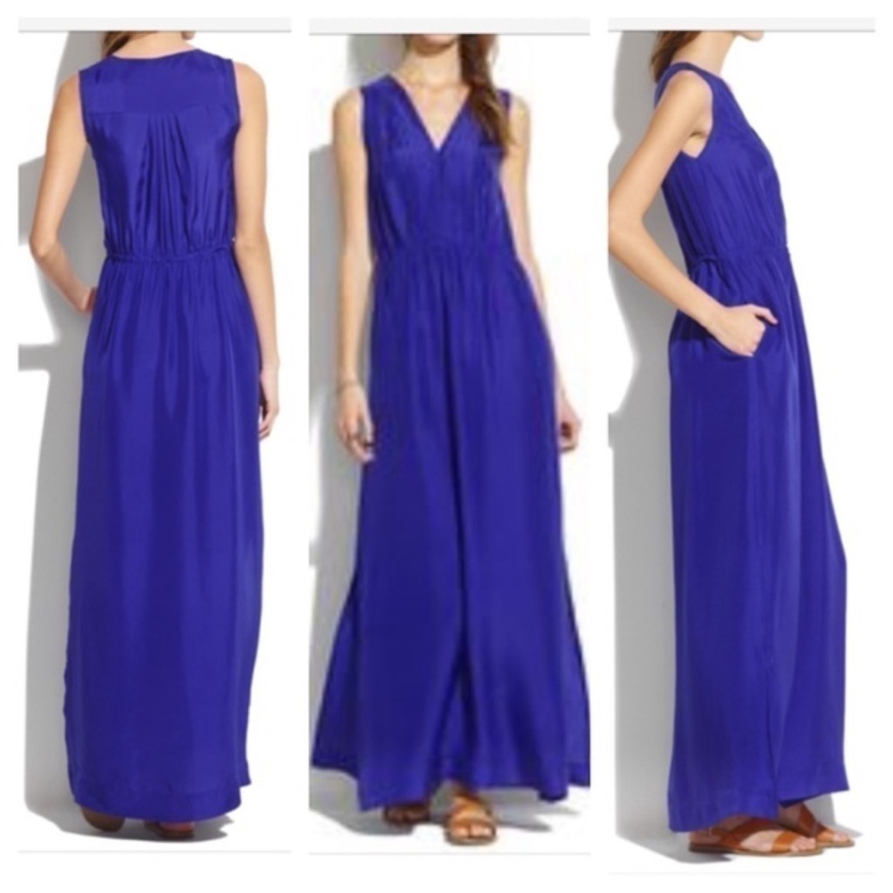 Madewell Violet Blue Silk Pleated V-Neck Maxi Dress Sz 0 EUC